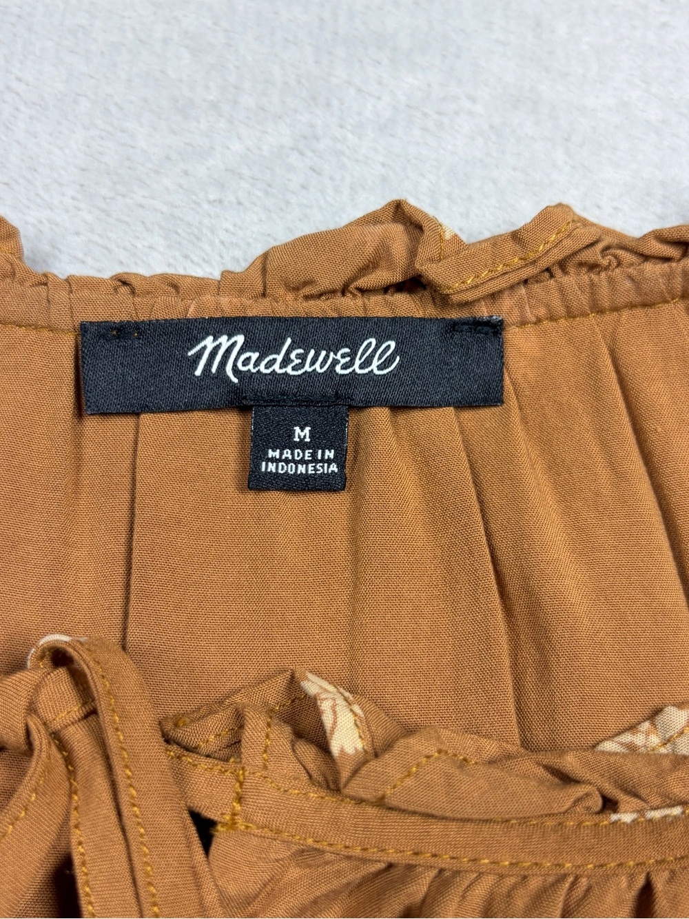 Madewell Bloom Dot Warm Hickory Cream Tan Tiered Ruffle Tie Neck Mini Dress M - Picture 15 of 17
